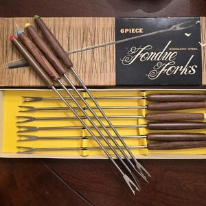 Vintage Stainless Steel Fondue Forks Set with Wooden Handles. Set of 10.